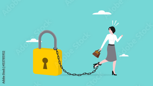 fixed mindset is an obstacle to success, confused woman whose path was hampered because his feet were chained with padlocks