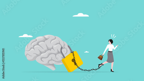 fixed mindset concept illustration, business woman whose feet are chained by a padlocked brain