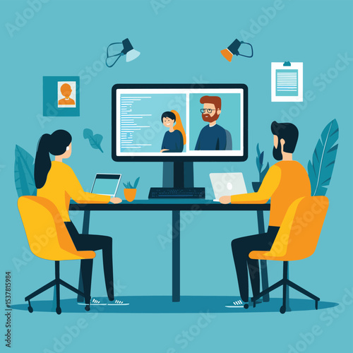 flat vector technology remote working for online education and learning concept and students use computers for studying.	, vector style simple color