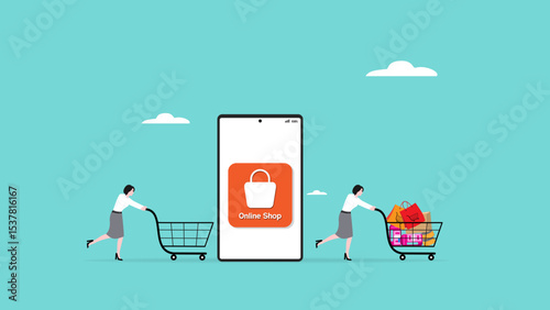 online shop or digital marketplace, woman pushing empty shopping cart through smartphone with digital marketplace coming out with full shopping cart