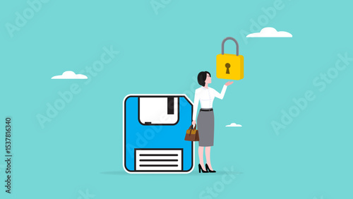 company data security to protected access control, privacy data protection, cyber security for the security of company data and information, woman carry security padlock while guarding company data
