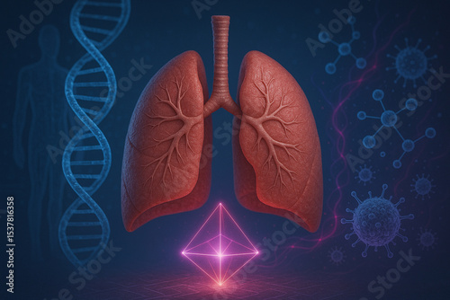AI generated realistic lungs with DNA and glowing molecular forms symbolizing advanced biotechnology data flow bioenergy systems and AI integration in a futuristic medical concept