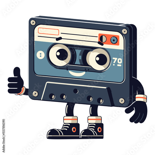 retro cassette tape character with large eyes, arms, legs, and sneakers, giving a thumbs up. Ideal for music blogs, nostalgia websites, or content about vintage technology.