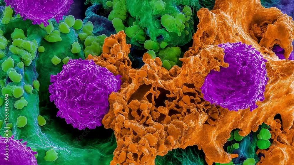 Microscopic View of Immune Cells Attacking a Virus - Colorful Scientific Abstract