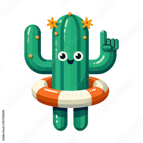 smiling cartoon cactus wearing a life preserver and making a "number one" gesture, ideal for children's entertainment, summer themes, or playful designs