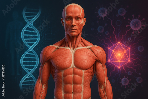 AI generated muscular human anatomy with DNA strand digital circuits and glowing abstract biology representing advanced science and futuristic biotechnology integration
