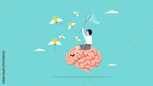 new creative idea searching process, mindset development or learn new skill, contemplation to find solutions or innovations, woman riding human brain using butterfly net to catch light bulb idea