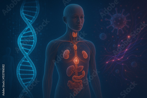 AI generated deep view of endocrine system dna and biochemical network with glowing energy and advanced ai technology