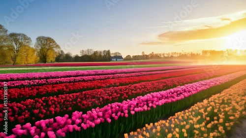 Wallpaper Mural Colorful tulip fields stretching towards a bright sunset with a farm house in the distance and irrigation system spraying mist over the rows. Torontodigital.ca