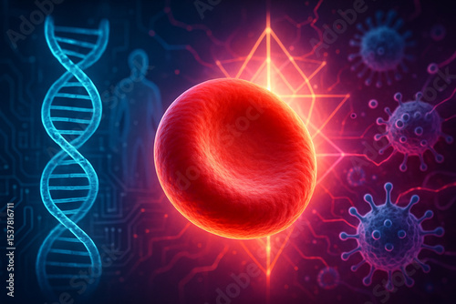 AI generated image of a red blood cell with DNA helix and molecular energy patterns in a futuristic biomedical setting