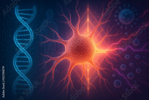 AI generated large brain cell with glowing DNA circuits human forms and abstract biotech showing deep science futuristic power and conscious technology
