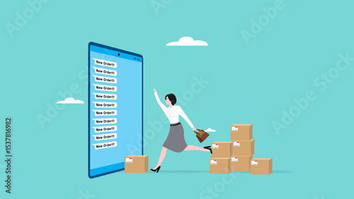 sell products online on e-commerce website or online shop application, get new order, technology for selling on the internet, happy businesswoman gets lots of new orders with packages ready to be sent