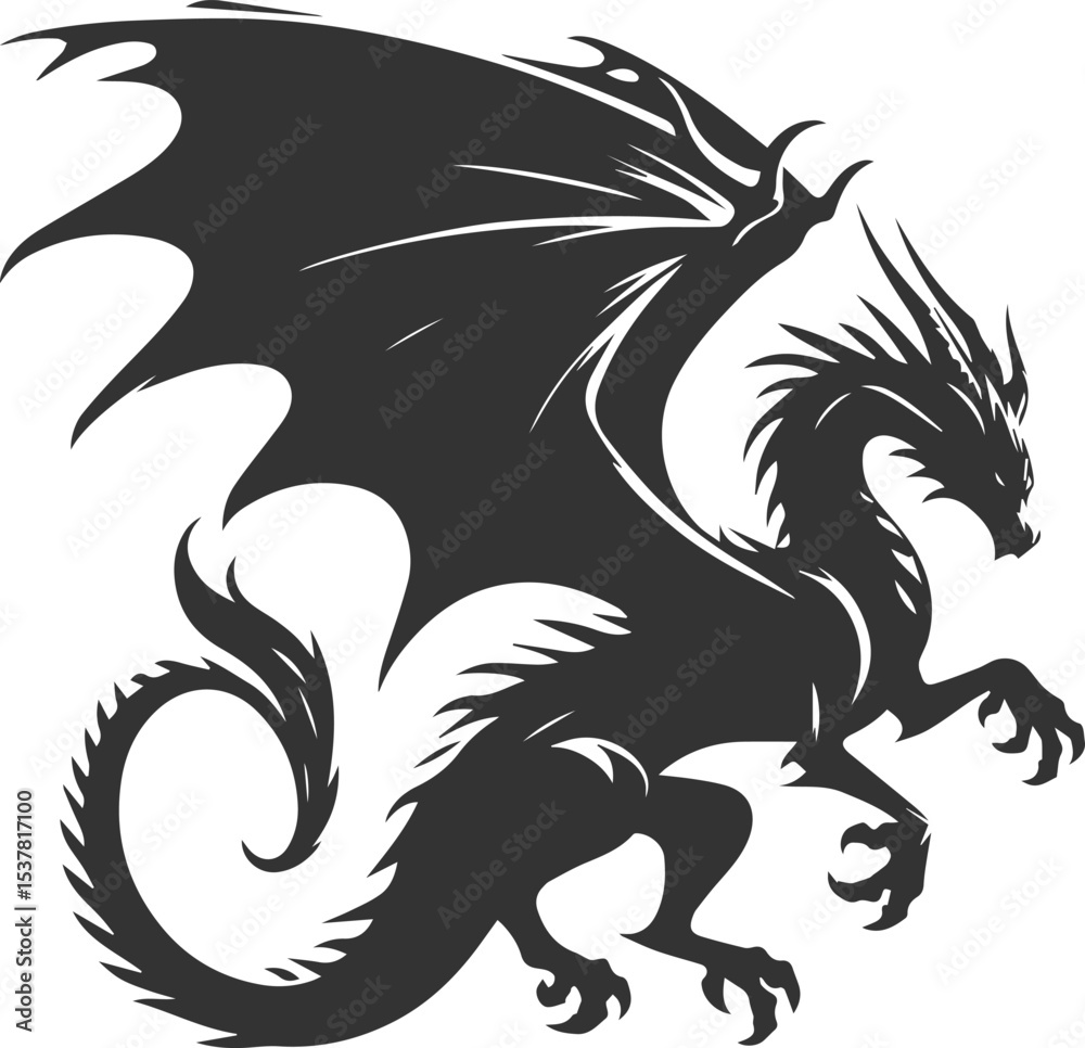 Black vector drawing of a flying dragon animal silhouette Black vector drawing of a flying dragon animal silhouette