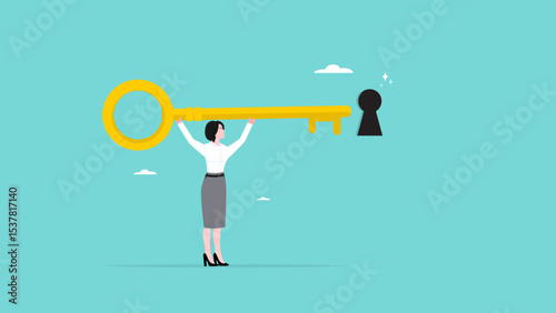 big key to success, solutions or innovations to achieve success, businesswoman inserts golden key of success into keyhole to open it