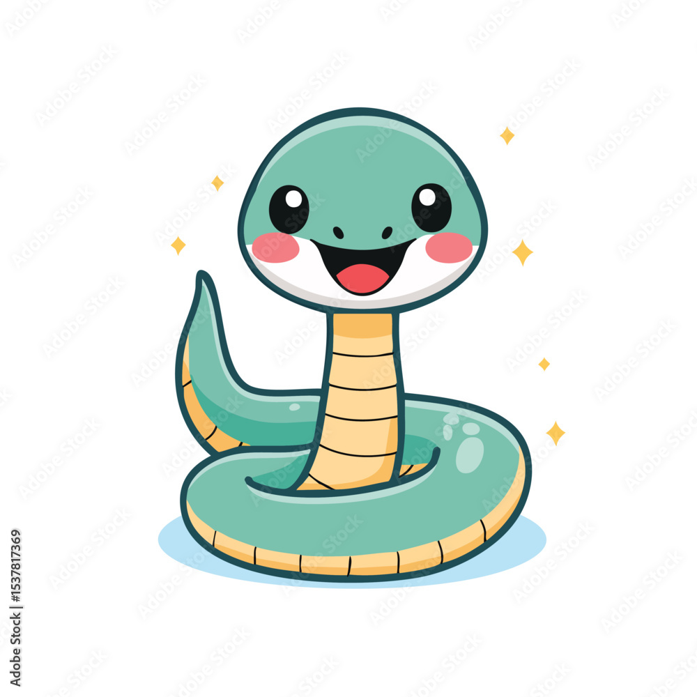 Fototapeta premium Minimal Flat Vector of a Cute Snake with Bold Black Outline, Happy Expression, No Gradients