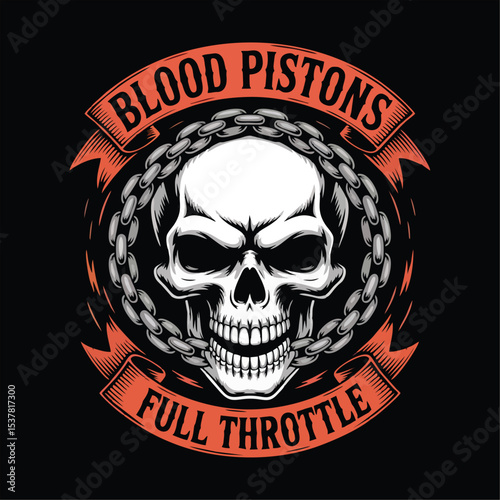 Motorcycle club emblem, angry skull with chains around. skull head logo vector