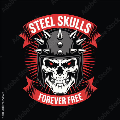 Skull biker gang logo vector design, skull wearing spiked helmet, top ribbon 'Steel Skulls', bottom ribbon 'Forever Free.