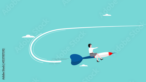 business objective change, change management goals or business strategy to achieve business success, businesswoman riding dart changing direction to the right target concept vector illustration