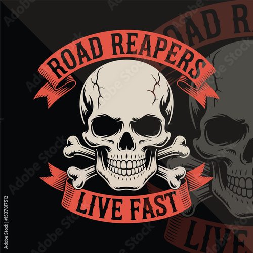 Vintage skull motorcycle crew logo, old-school tattoo style with text "road reapers live fast"