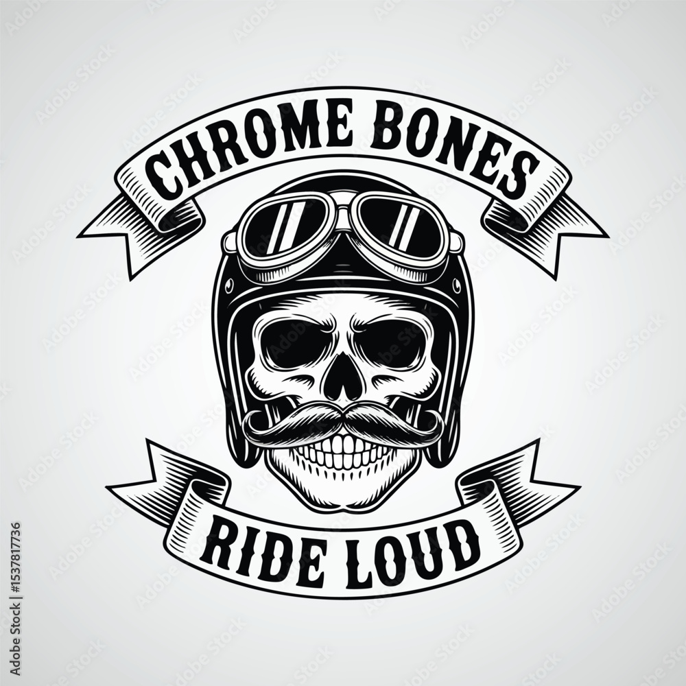 Fototapeta premium Gang skull logo vector, grinning skull with handlebar mustache and aviator helmet, with text 