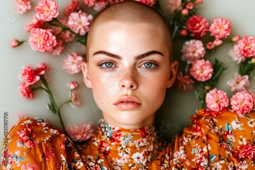 Pretty caucasian young woman surrounded by cherry blossoms. Spring mood, golden hour in sunset. Commercial ad campaign creative pattern idea. Bright woman in spring flowers for marketing.