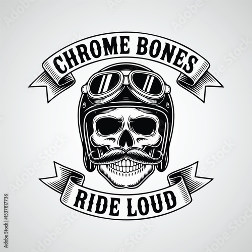 Gang skull logo vector, grinning skull with
handlebar mustache and aviator helmet, with text "chrome bones ride loud"