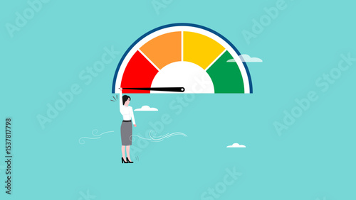 poor performance employee with woman office worker hanging on the needle measuring low performance, bad rating evaluation, laziness in improving the quality of performance
