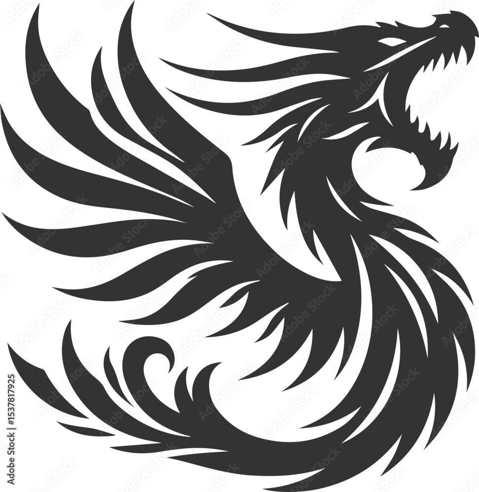 Fototapeta premium Black vector drawing of a flying dragon animal silhouette