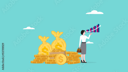 Proper Investment Strategy For Financial Success with professional business woman investor holding financial growth chart with stack of gold coins money