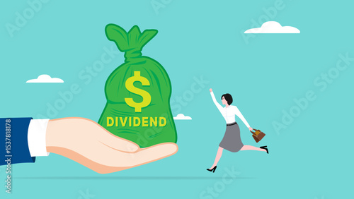 getting dividend from investment with happy businesswoman investor receives a bag of dividend money from the businessman's hand, payment return from investment