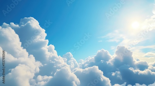 Fototapeta Naklejka Na Ścianę i Meble -  A vibrant, high-angle view of cumulus clouds against a clear, bright blue sky with a prominent sun