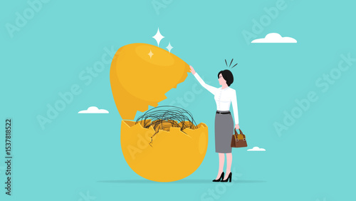 investment fraud, stock market investment scam, Stunned businesswoman investors open fake egg investment containing messy lines