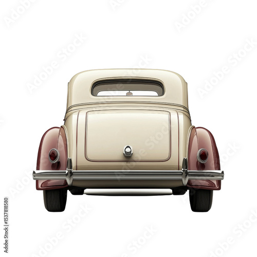 Classic vintage car with retro design, featuring cream and maroon color scheme, showcasing its elegant curves and chrome details