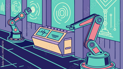 Robotic arms working in a futuristic factory with glowing screens and intricate line art designs on the walls