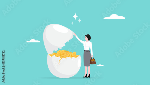 egg investment, investment profit and earning, success retirement planning with dividend or getting return on investment, happy businesswoman opens egg investment which contains lots of gold coins