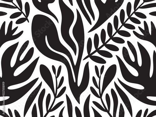 abstract botanical pattern black and white, abstract botanical background, silhouette background