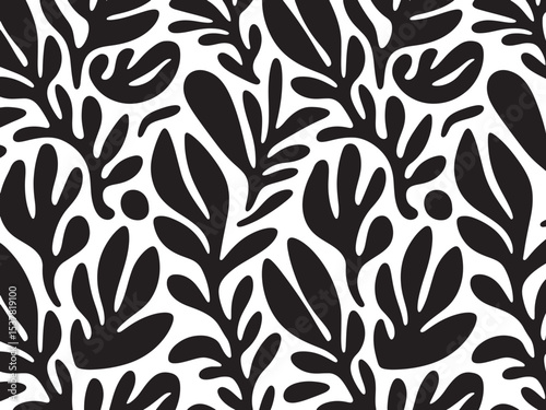 abstract botanical pattern black and white, abstract botanical background, silhouette background