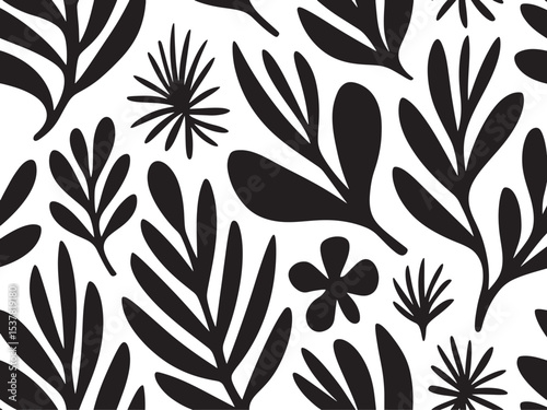 abstract botanical pattern black and white, abstract botanical background, silhouette background