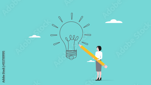 innovative business idea, provide education or expertise to the team to achieve mutual success, professional business woman drawing light bulb idea using pencil concept illustration