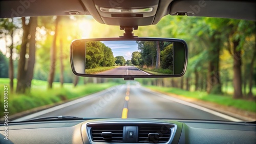 Rearview mirror showing the road behind with rearview camera display visible on the dashboard