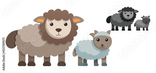 A charming vector illustration featuring various cute cartoon sheep families on a crisp, clean white background.