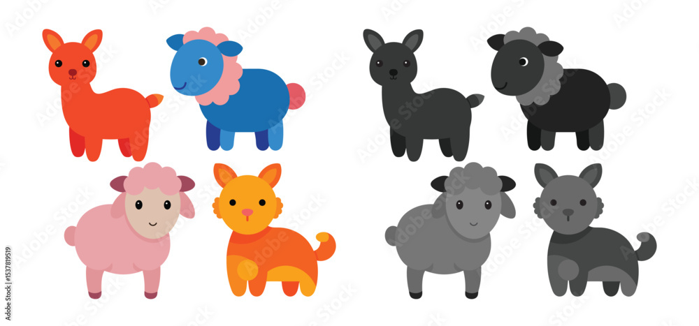 Fototapeta premium A collection of adorable cartoon llamas sheep and lambs in various bright and pastel colors on white
