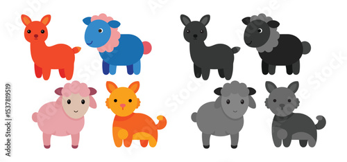 A collection of adorable cartoon llamas sheep and lambs in various bright and pastel colors on white