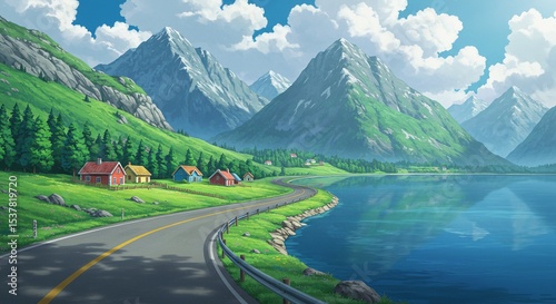 Serene Anime Style Countryside: Curved Road, Blue Lake, and Green Mountains