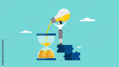 investment strategy, profitable long term investment innovation, idea to make money, invent profit from new idea, business woman pours light bulb ideas into an hourglass to make a profit later