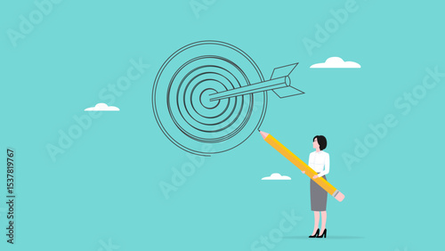 create business target or goal, make business plan for career success, business woman drawing a dart board with arrows on target using a pencil concept vector illustration