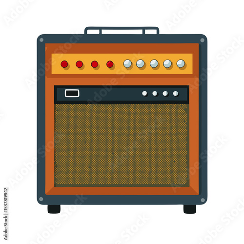 A vintage-style guitar amplifier with an orange/brown color scheme, featuring control knobs on the top panel (red and silver knobs).