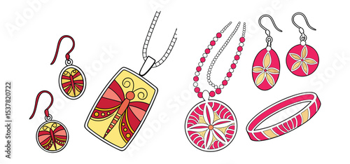 A collection of decorative jewelry pieces with hand drawn elements and floral and butterfly patterns in a stylized design.