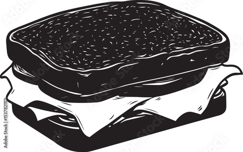 A black and white illustration of a grilled cheese sandwich with lettuce and tomato on a white background.
