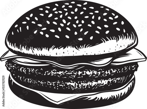 A black and white illustration of a hamburger with sesame seeds on a sesame seed bun.
